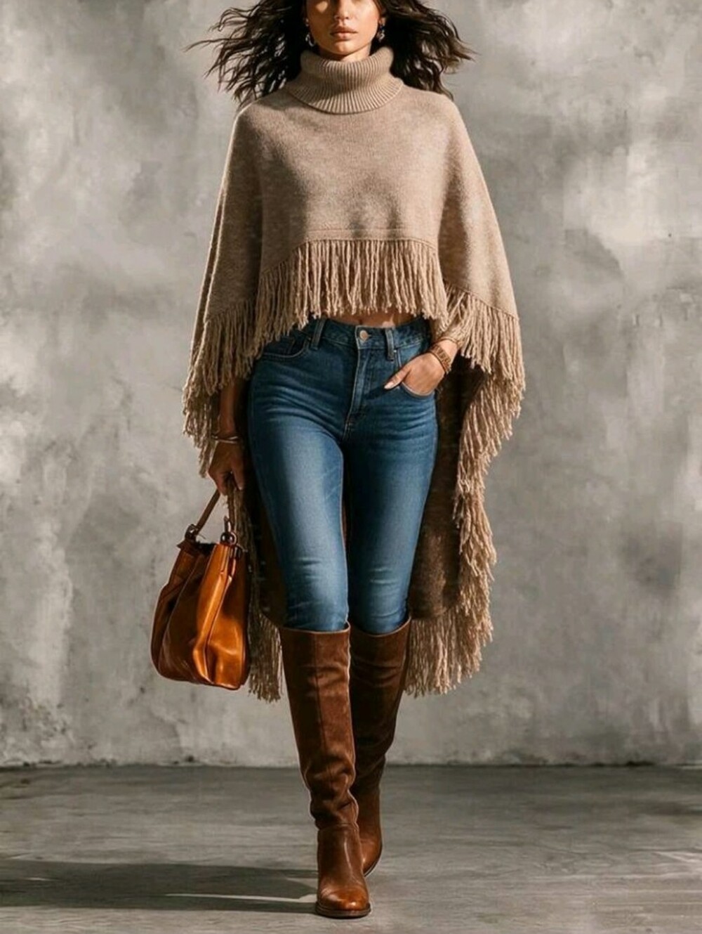 Fall Solid Heather Knit High Turtleneck Irregular Hem Tassel Fringe Cape Poncho